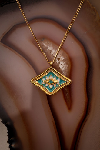 Mavi Mineli Üçgen Çiçek Desenli Gold Renk Kolye