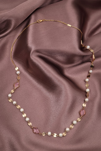 Pembe Taş Detaylı Inci Kolye