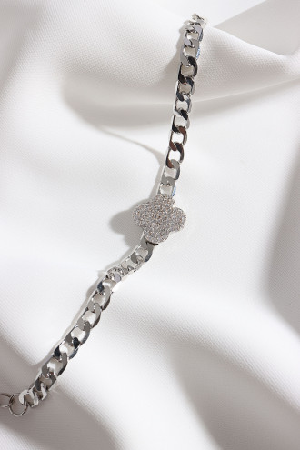 Zircon Taşlı Gümş Renk Yonca Zincir Bileklik