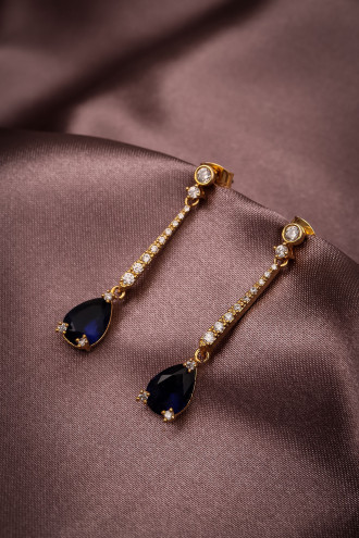 Lacivert Taşlı Gold Renk Sallantılı Abiye Küpe