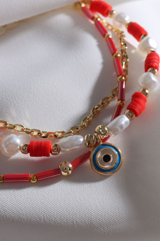 Kırmızı Fimo Boncuklu İnci Detay 3'Lü Nazar Boncuklu Bileklik