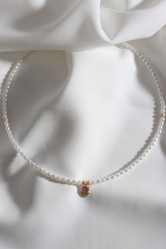 Pembe Zircon Taşlı Ahtapot Figür İnci Kolye