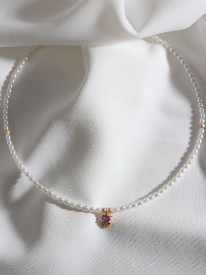 Pembe Zircon Taşlı Ahtapot Figür İnci Kolye