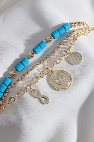 3'Lü Madalyon Sallantılı Mavi Lino Boncuklu Bileklik