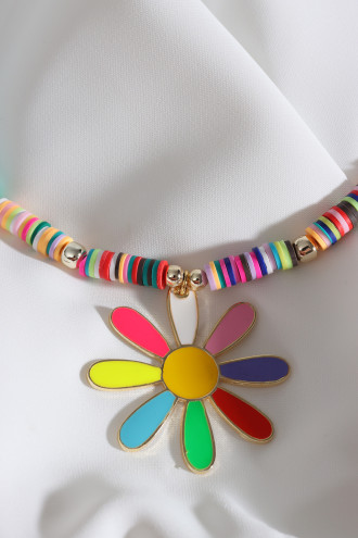 Yeşil Fimo Boncuklu Renkli Mineli Papatya Kolye