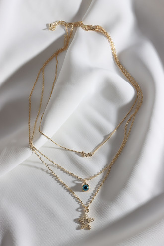 3'Lü Kar Tanesi Ve Nazar Uçlu Gold Renk Kolye