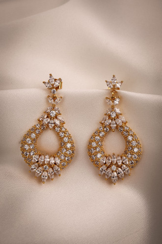 Gold Renk Zircon Taşlı Sallantılı Abiye Küpe