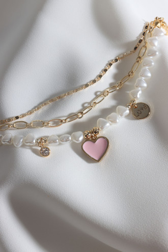 3'Lü Inci Detay Mineli Kalp Uçlu Gold Renk Bileklik