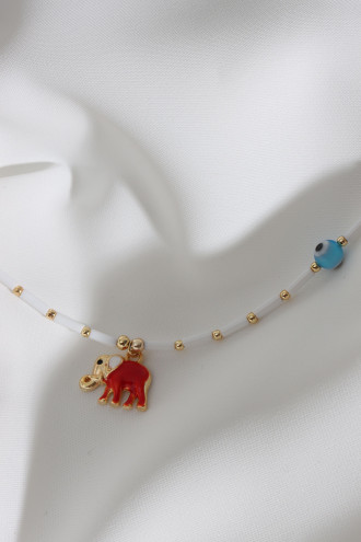 Kırmızı Mineli Fil Uçlu Beyaz Boncuk Kolye