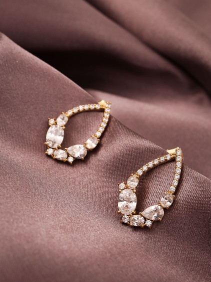 Zircon Taşlı Gold Renk Oval Abiye Küpe