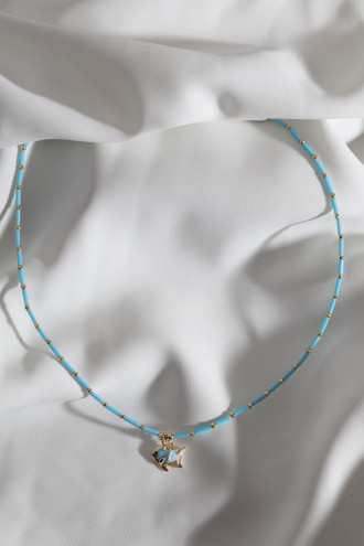 Mavi Boncuklu Mavi Mineli Balık Figür Kolye