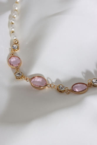 Pembe Oval Taşlı İnci Kolye