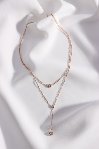 Çelik Gold Renk 3'Lü Tek Taş Süzme Kolye