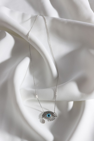 925 Ayar Gümüş Zircon Taşlı Göz Gümüş Renk Kolye 3,42 Gr