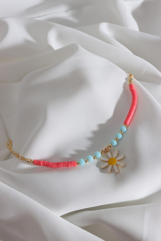 Pembe Fimo Boncuklu Beyaz Mineli Papatya Bileklik