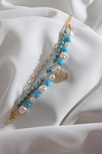 3'Lü Gold Renk Mavi Boncuklu Inci Detay Kuğu Bileklik