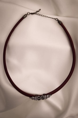 Bordo Yumuşak Deri Antrasit Renk Zirkon Taşlı Choker