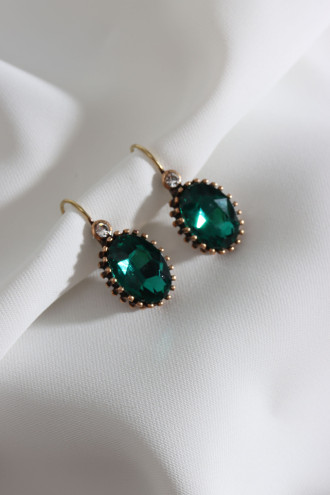 Büyük Boy Yeşil Taşlı Oval Otantik Küpe