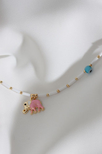 Pembe Mineli Fil Uçlu Beyaz Boncuk Kolye