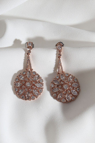 Yuvarlak Taşlı Rose Renk Abiye Küpe