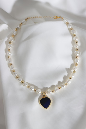 Lacivert Renk Kalp Taşlı İnci Kolye