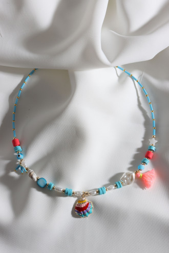 Mavi Renkli İnci Detay Deniz Kabuğu Uçlu Boncuk Kolye