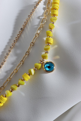 3'Lü Gold Renk Su Yolu Detaylı Sarı Boncuklu Nazar Bileklik