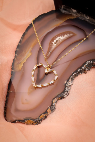 Gold Renk Baget Taşlı Kalp Kolye