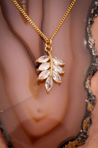 Zircon Taşlı Yaprak Model Gold Renk Kolye