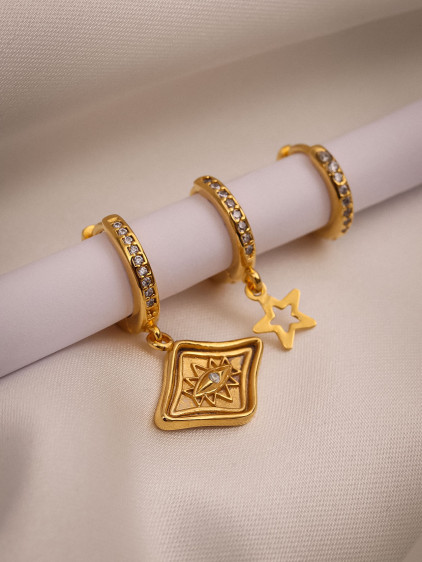 Gözlü 3'Lü Gold Renk Küpe Gözlü 3'Lü Gold Renk Küpe