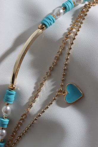 3'Lü Mavi Fimo Boncuklu Şerit Kalp Bileklik
