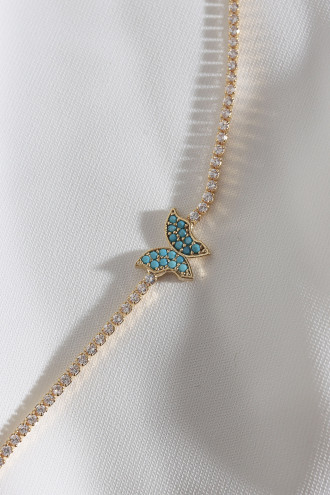 Turkuaz Taşlı Kelebek Figürlü Zircon Taş Gold Renk Suyolu Bileklik