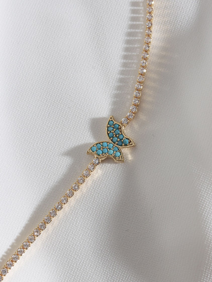 Turkuaz Taşlı Kelebek Figürlü Zircon Taş Gold Renk Suyolu Bileklik
