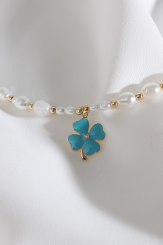 Mavi Mineli Yonca Uçlu İnci Kolye