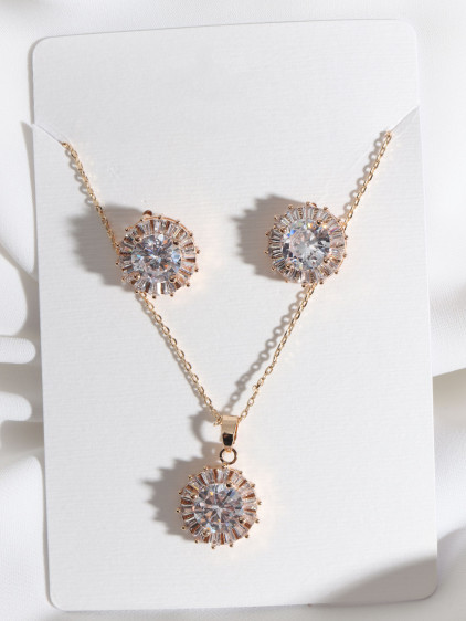 Baget Taşlı Yuvarlak Model Gold Renk Abiye Set