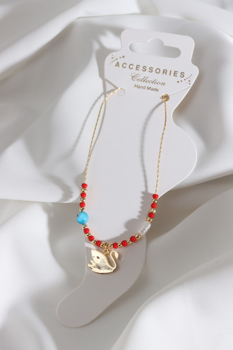 Kırmızı Boncuklu Zircon Taşlı Kuğu Sallantılı Gold Renk Halhal