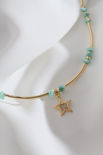 Yıldız Uçlu Yeşil Boncuk Boru Detay Gold Renk Kolye