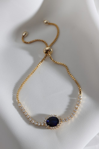 Oval Lacivert Zircon Taşlı Anturaj Gold Renk Su Yolu Asansörlü Bileklik