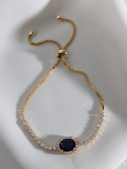 Oval Lacivert Zircon Taşlı Anturaj Gold Renk Su Yolu Asansörlü Bileklik