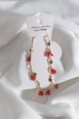 Kırmızı Boncuk Sallantılı Gold Renk Zincirli Yıldız Detay Halhal