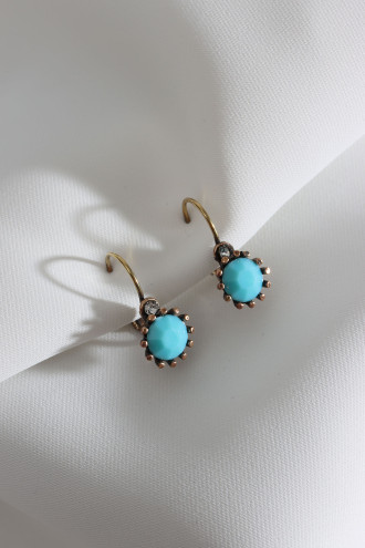 Yuvarlak Mavi Taşlı Kadın Otantik Küpe