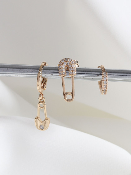 Vip Collectıon 3'Lü Zircon Taşlı Çengel Model Gold Renk Halka Küpe