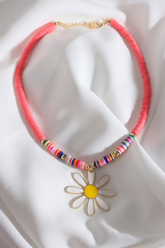 Pembe Fimo Boncuklu Beyaz Mineli Papatya Kolye