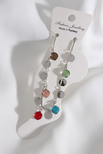 Renkli Taşlı Pul Detaylı Gümüş Renk Halhal