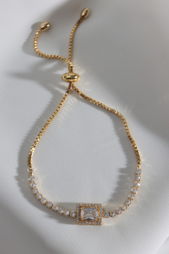 Beyaz Baget Taşlı Gold Renk Asansörlü Zircon Su Yolu Bileklik