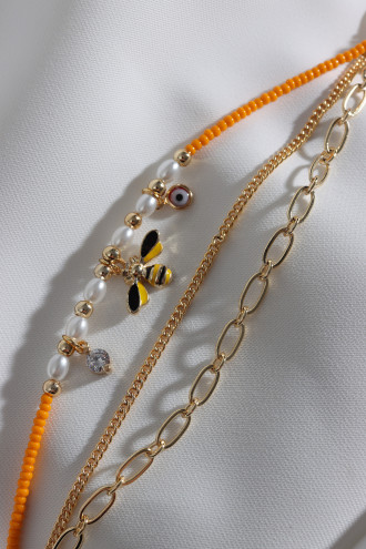 3'Lü Turuncu Boncuklu Arı Figür Gold Renk Zincir Bileklik