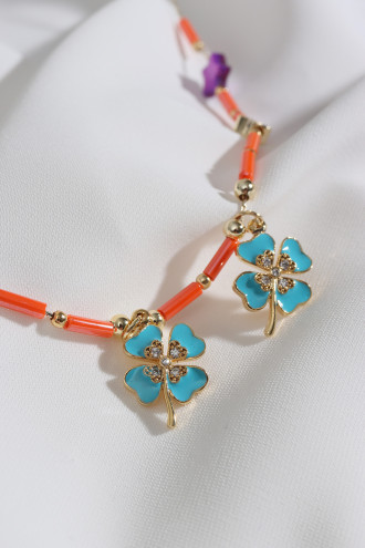 Yonca Uçlu Mor Yıldızlı Turuncu Kolye