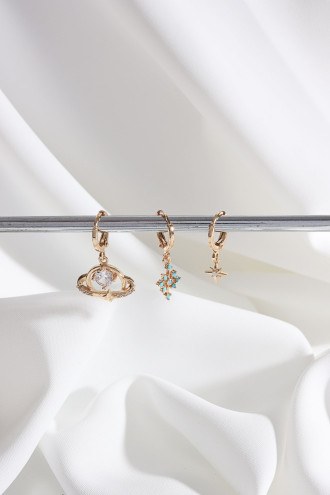 Vip Collectıon 3'Lü Gezegen Gold Renk Halka Küpe