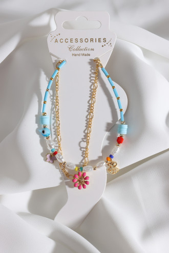 2'Li Mavi Boncuklu Gold Renk Zincirli Charm Halhal