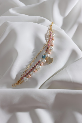 3'Lü Gold Renk Pembe Boncuklu Inci Detay Kuğu Bileklik